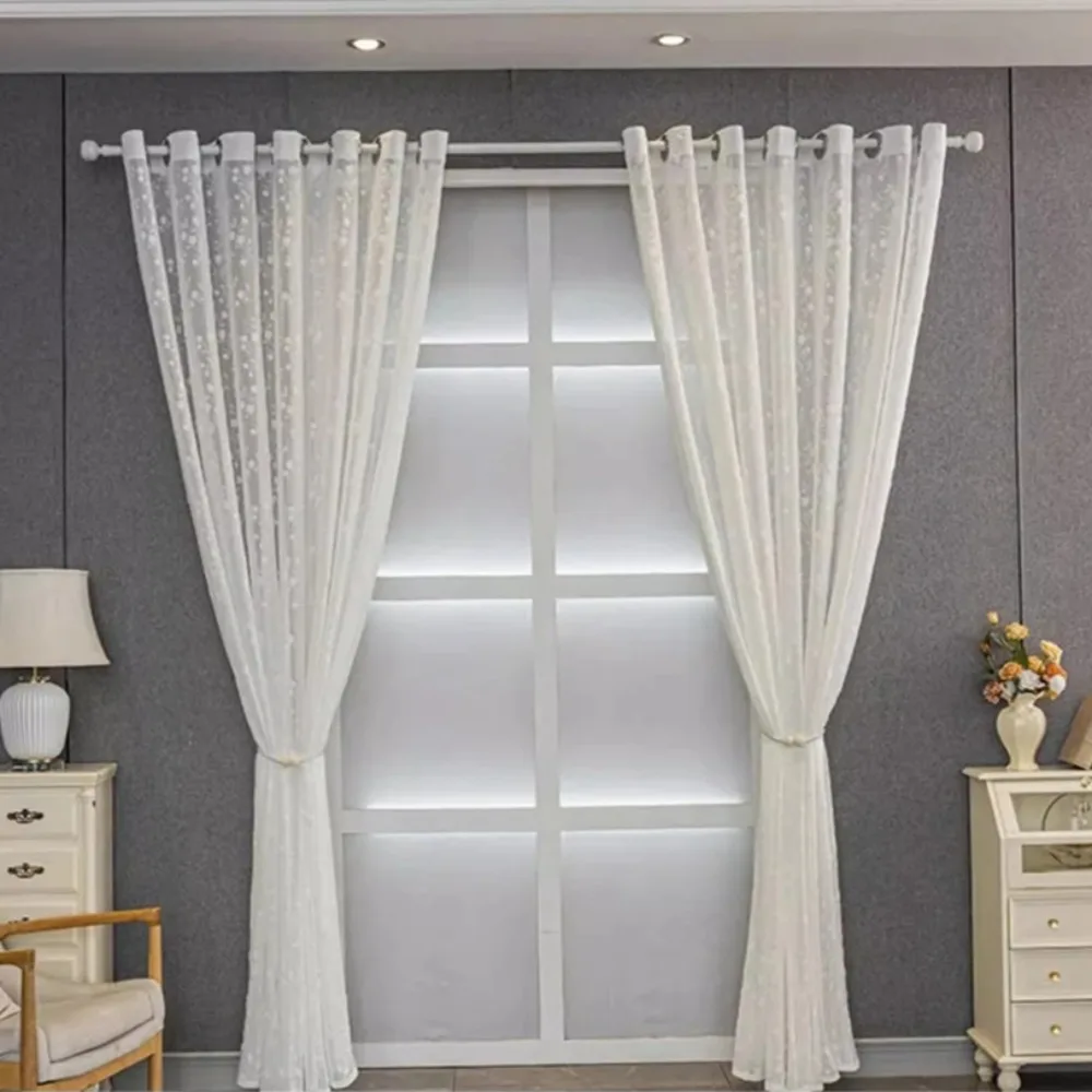 Custom Size White Sheer Curtains for Living Room and Bedroom,Jacquard Flowers Semi Tulle Window Drapes Voiles Home Decor Blinds