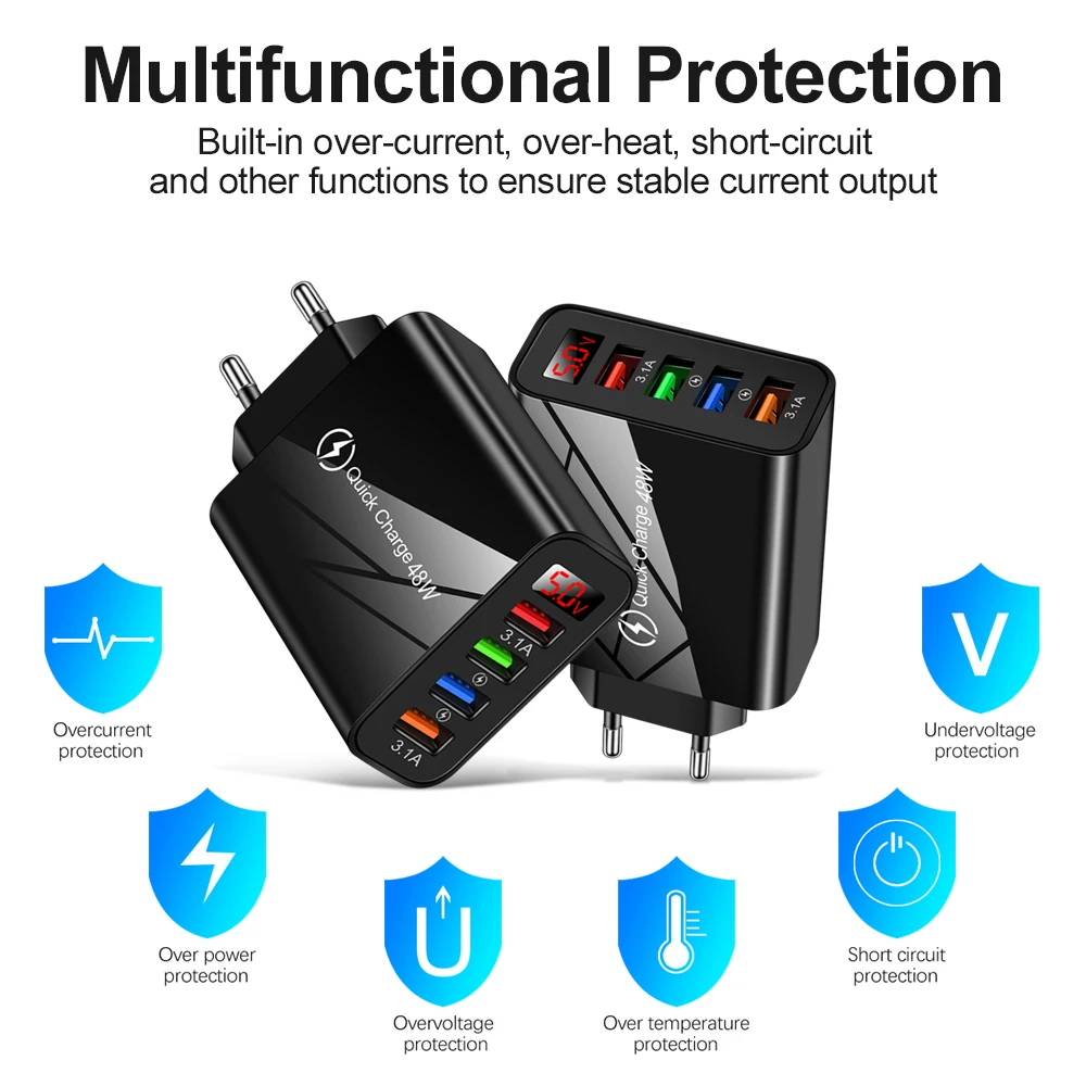 Quick Charger 3.0 USB Charger LED Display Mobile Phone Charger for iPhone 12 13 Xiaomi redmi poco Tablet EU US Plug Wall Adapter