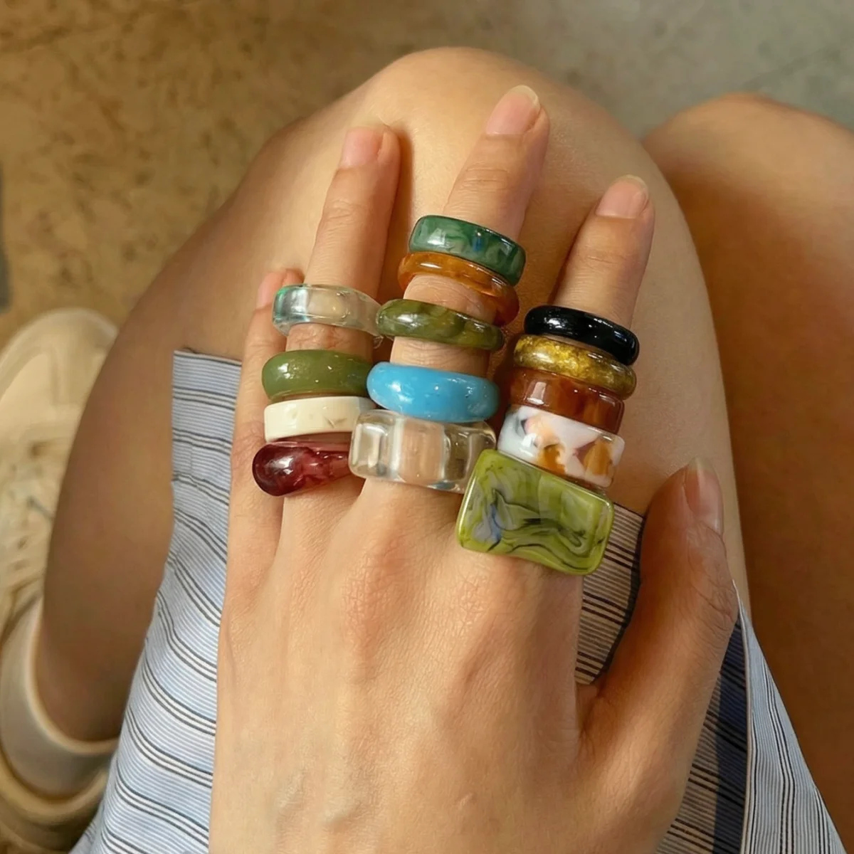 15 colorful versatile women's resin rings, worn for daily gatherings, gifts for family and friends, carnival music festival