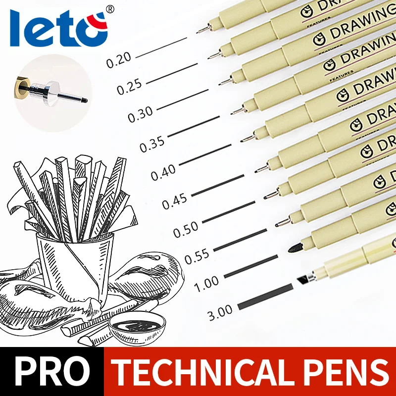 Leto Art Manga Outlining Pen Pigment Liner Micron Pen Marker set Hook Line Needle Pen for Sketch Soft Brush Art Supplies