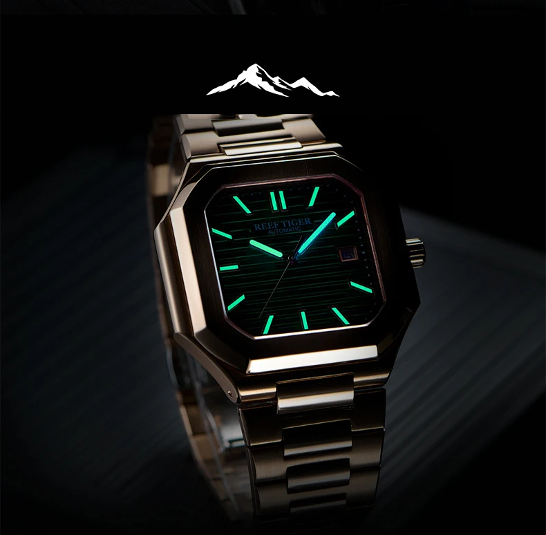 Reef Tiger Men Automatic Watch 44mm Square Luxury Mechanical Wristwatch 5ATM Waterproof Luminous Sapphire Mirror Date