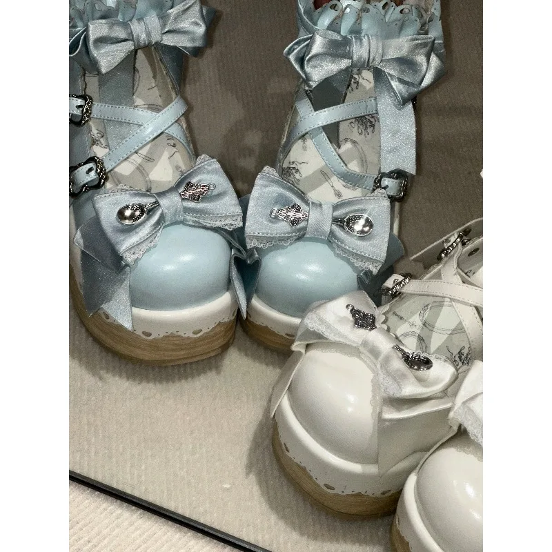 Japanese Lo Shoes Cute Lolita Bow Ruffle Edge Platform Muffin Shoes Soft Girl Doll Sense Embroidery Pine High Heels Women