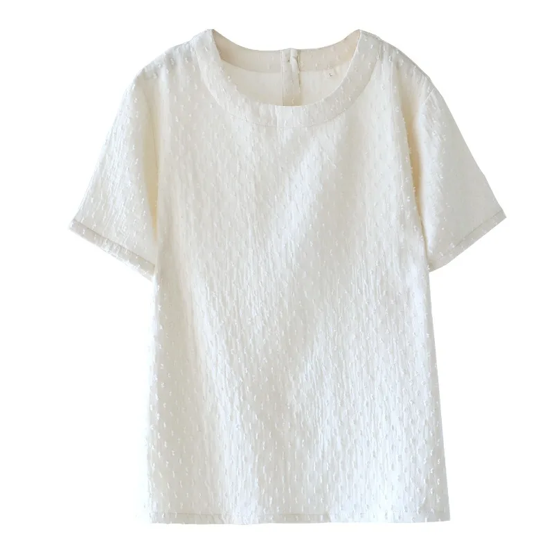 Women's Cream Cotton Gauze Textured T-Shirt, Round Neck Short Sleeve Soft Breathable Summer Home Wear, Relaxed Fit Casual Top view 5