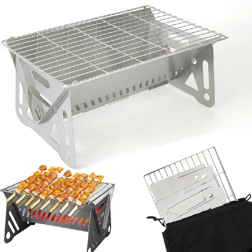 Barbecue au charbon de bois pour le camping en plein air, pour les fêtes, la plage, les pique-niques, 21/28/38 cm, barbecue au charbon de bois portable en acier inoxydable