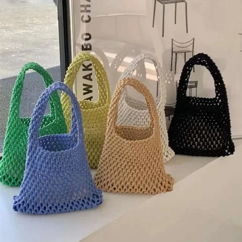 

Summer Hand Woven Tote Bags Knitting Crochet Beach Shoulder Bag Hollow Out Handbag Ladies Knitting Straw Rope Underarm Bag