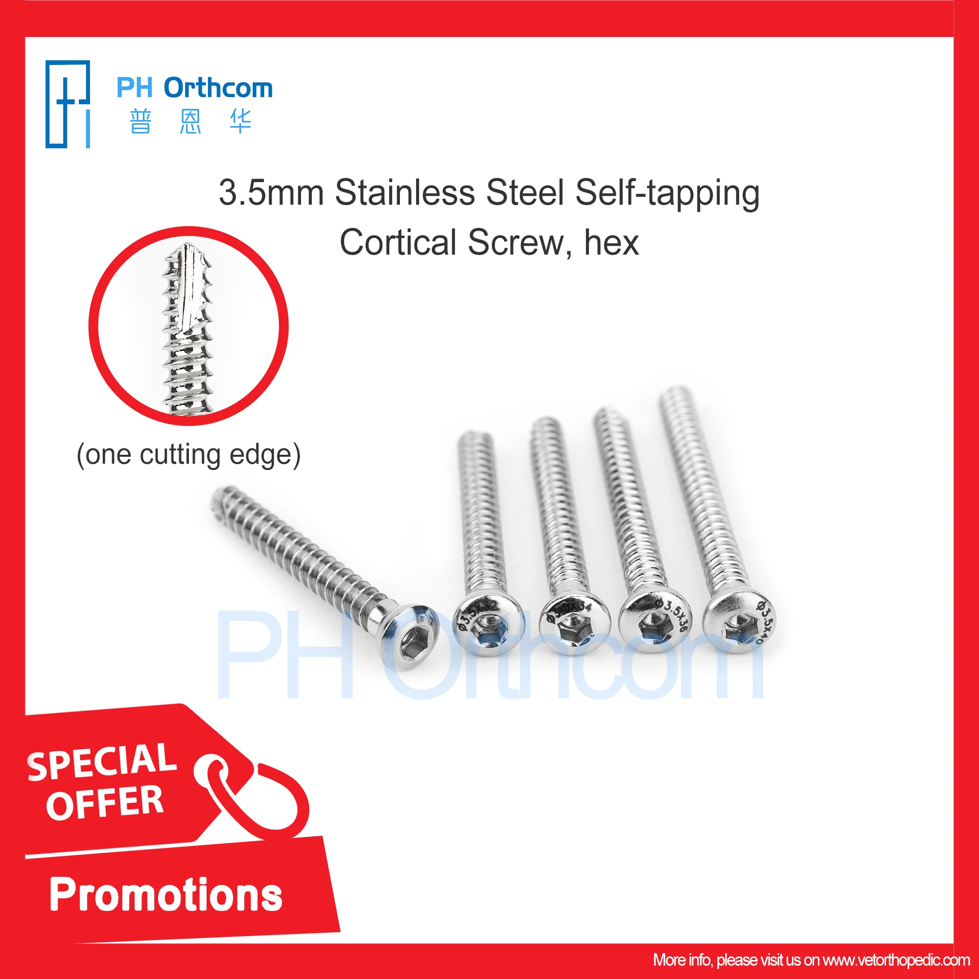 Flash Sale! 3.5mm Stainless Steel Self-tapping Cortical Screw Hex One Cutting Edge