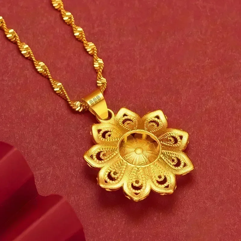 

9999 Real Gold 24K Japan and Korea Fashion Women's Flower Necklace Versatile Pendant