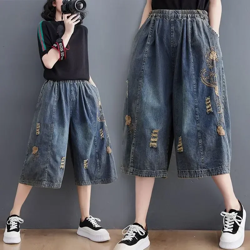 

New 2024 Summer Streetwear Womens Vintage Ripped Jeans Holes Blue Denim Shorts Ladies Elastic Loose Thin Straight Wide Leg Pants