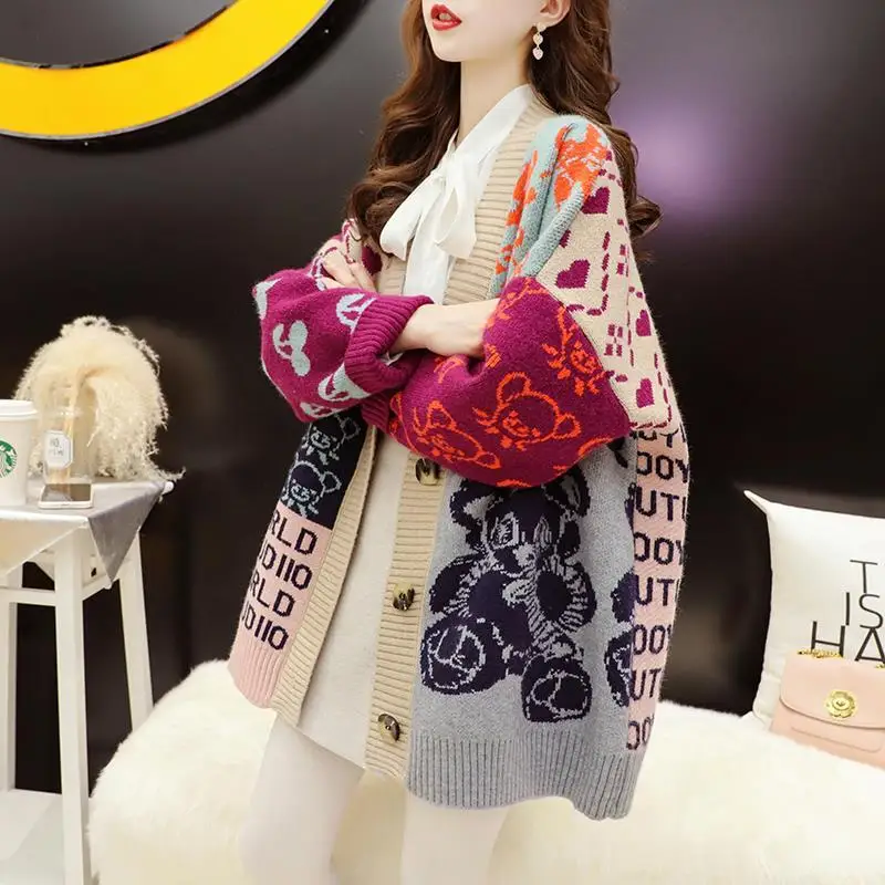 Korean Cartoon Sweater Cardigan Women's Mid Length 2024 Autumn Wear New Loose Fitting Fashion Knitted Outerwear Trend