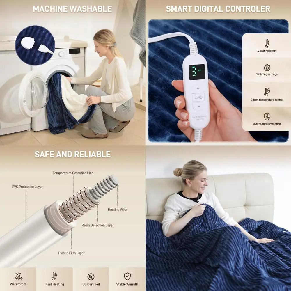 

Queen Size Electric Blanket 84 x 90 with 10 Timers, 6 Heat Levels, Soft Flannel, Washable, Overheat Protection, Navy Blue