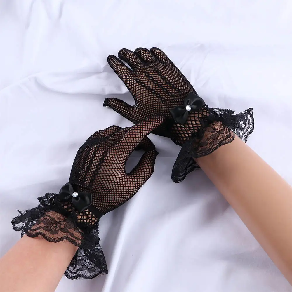 Sexy For Girls Crystal Flower Bow Fishnet Lace Wedding Gloves Women Driving Gloves Sun Protection Mittens