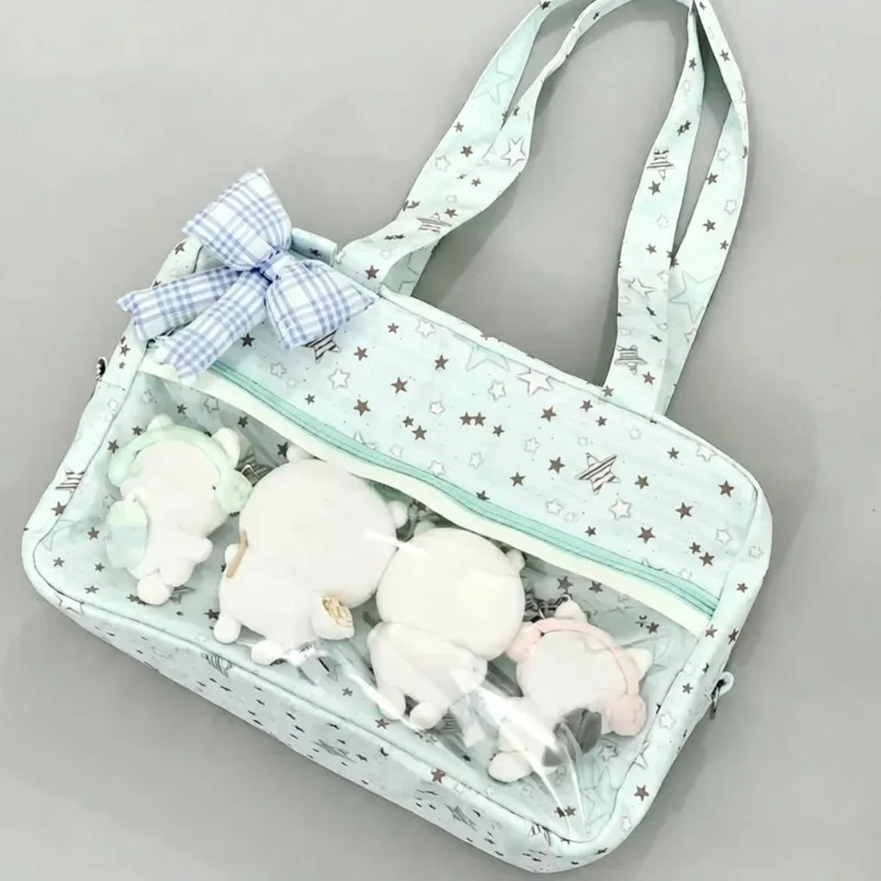 

Star Print Korean Style Shoulder Bag Transparent Pocket Japanese ItaBag Zipper Preppy Style Handbag Large Capacity Tote Bag Girl