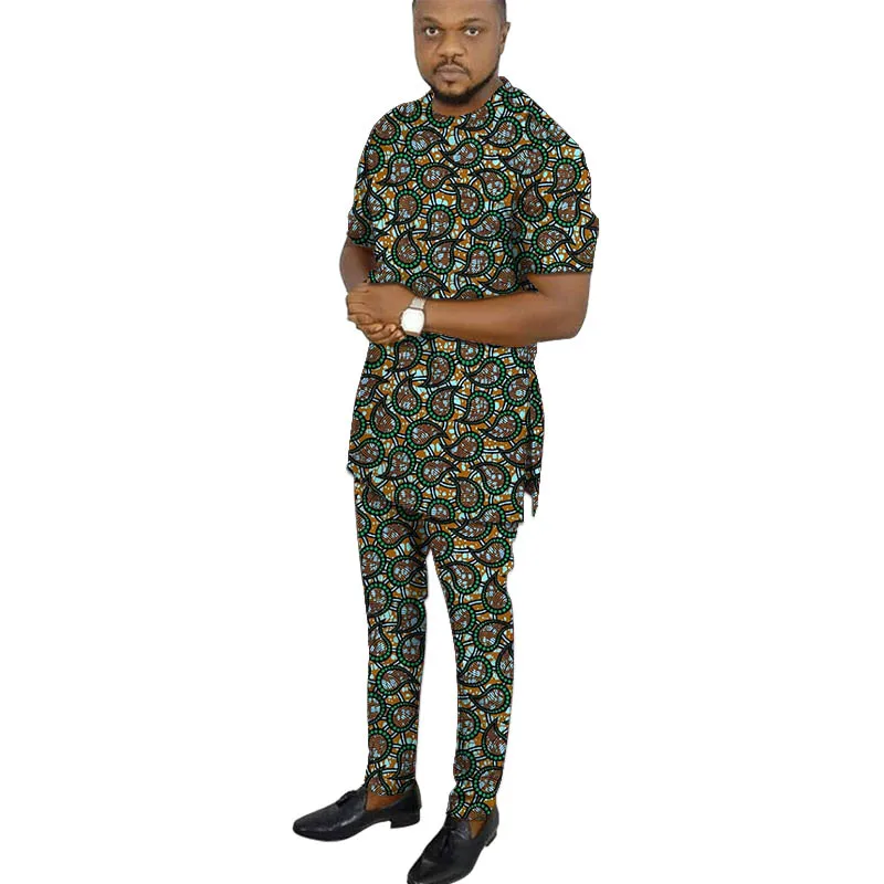 African clothing men's print short sleeve shirt with trouser Ankara fashion pant sets customize wedding male formal outfits