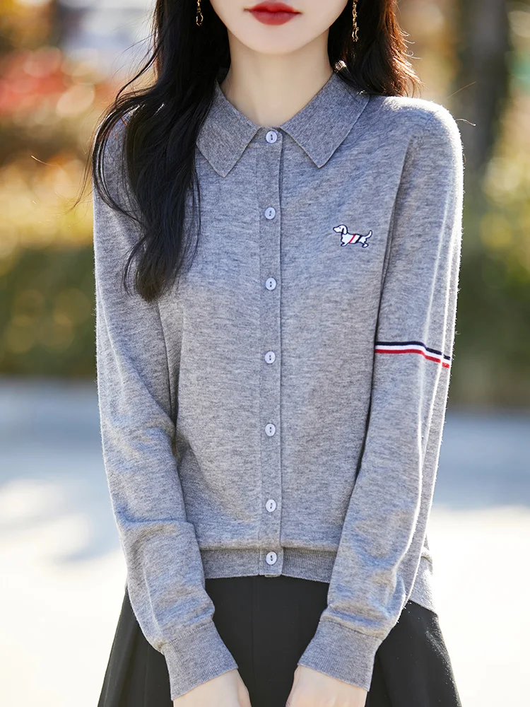 メリノウールニットカーディガン,100% メリノウールセーター,長袖衣類,刺embroideryトップス,ポロカラーのアウター,軽くて贅沢,春