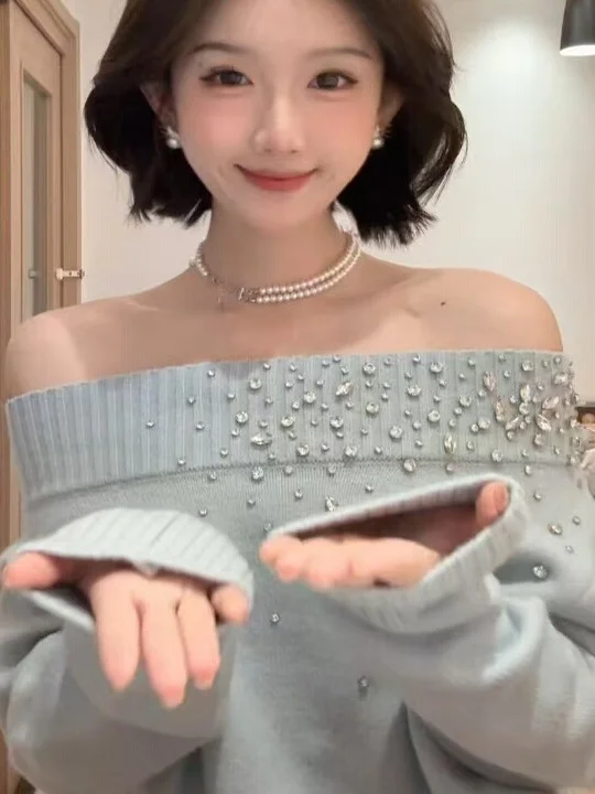 

Korean Style Diamond Embellished Knitted Shoulder Bared Sweater Women's Autumn Winter Lazy Pure Desire Knitted Top