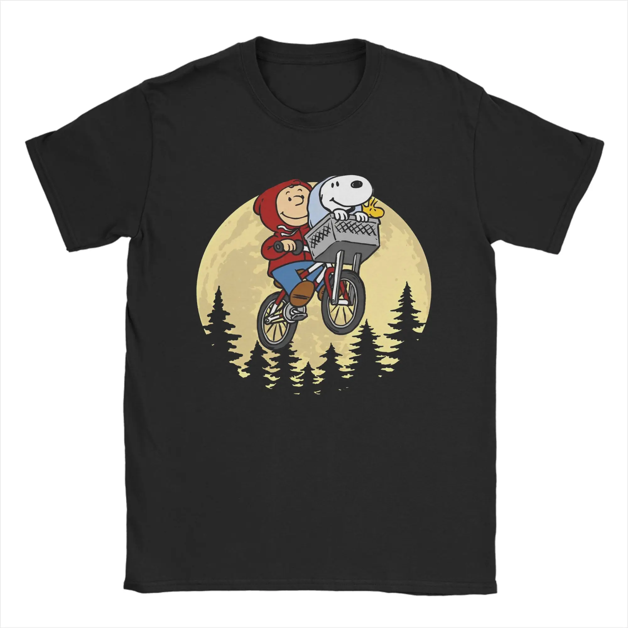 Snoopy  Charlie  Moonlit Cycling T Shirts for Men Women Cotton Vintage T-Shirt Round Neck  Tee Shirt Short Sleeve Clothing
