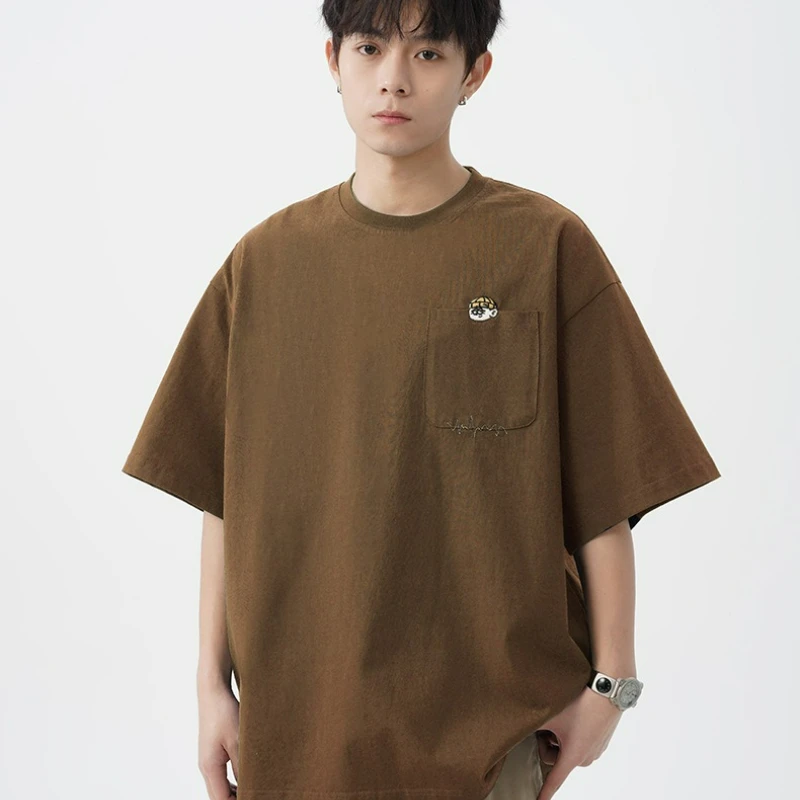 

Японская ретро-футболка с вышивкой из чистого хлопка, с коротким рукавом, для мужчин, лето 2026, модная свободная повседневная футболка для пар