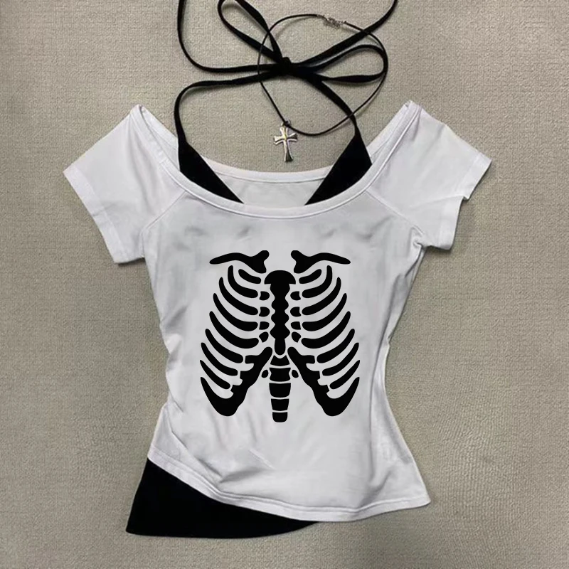 Harajuku الجمالية عادية تي شيرتات قصيرة الاكمام Y2K الإبداعية الجمجمة نمط طباعة المرأة المحاصيل الأعلى موضة مثير سليم س الرقبة الطفل المحملة #3