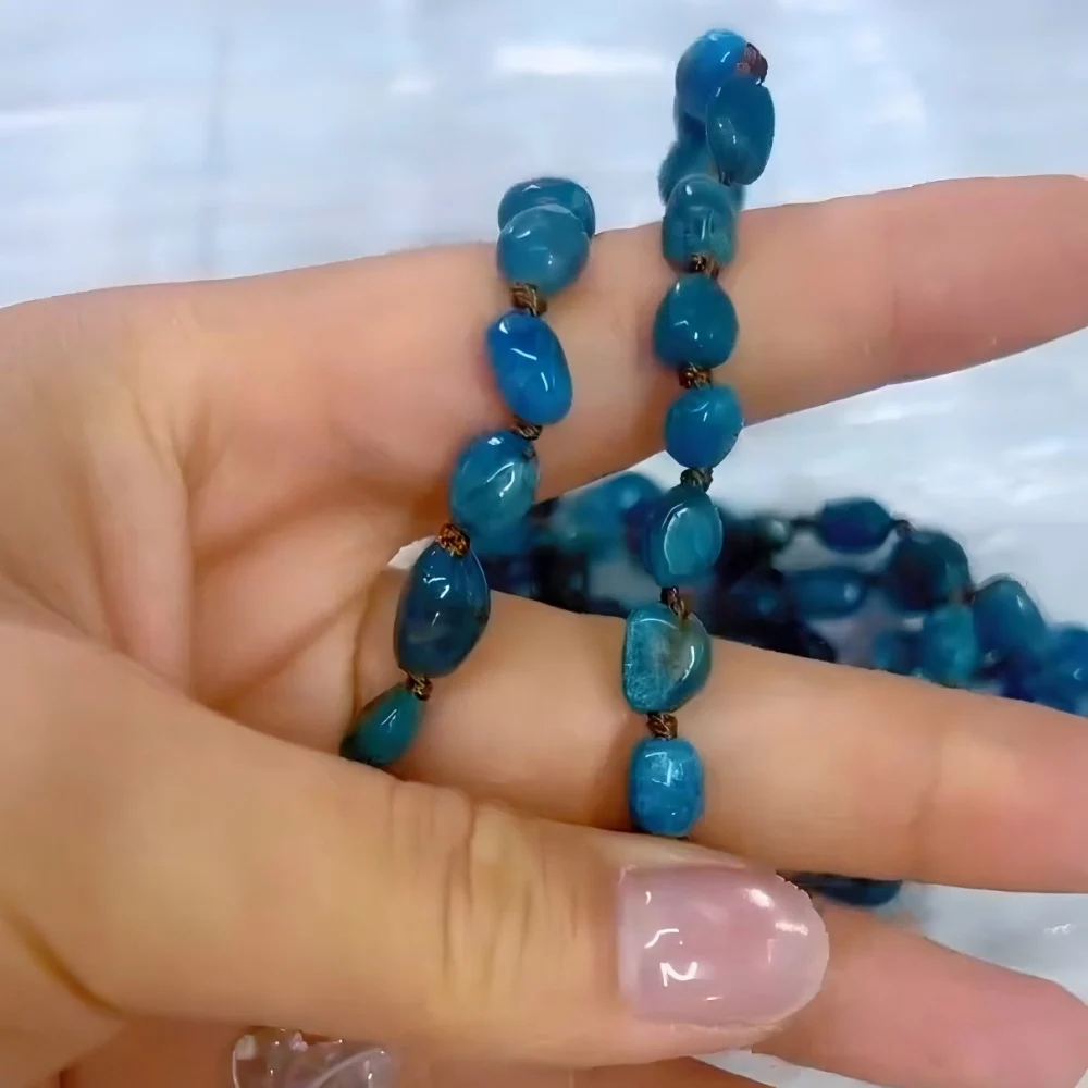 Natural Blue Apatite Nugget Chip Beads Handmade Knot Necklace Women White Quartz Point Bead Yoga Necklace Long 32 Inch