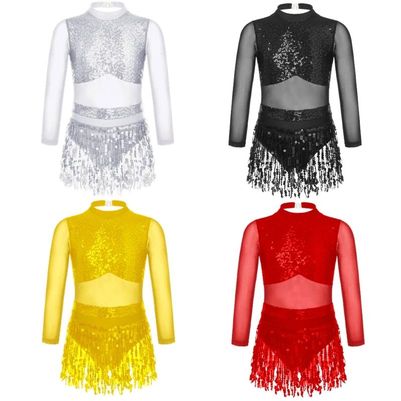 6-16Y Girls Latin Dance Dress Lyrical Dancing Skating Gymnastics Cha-cha Samba Dancewear Long Sleeve Sequin Tassel Mesh Leotard