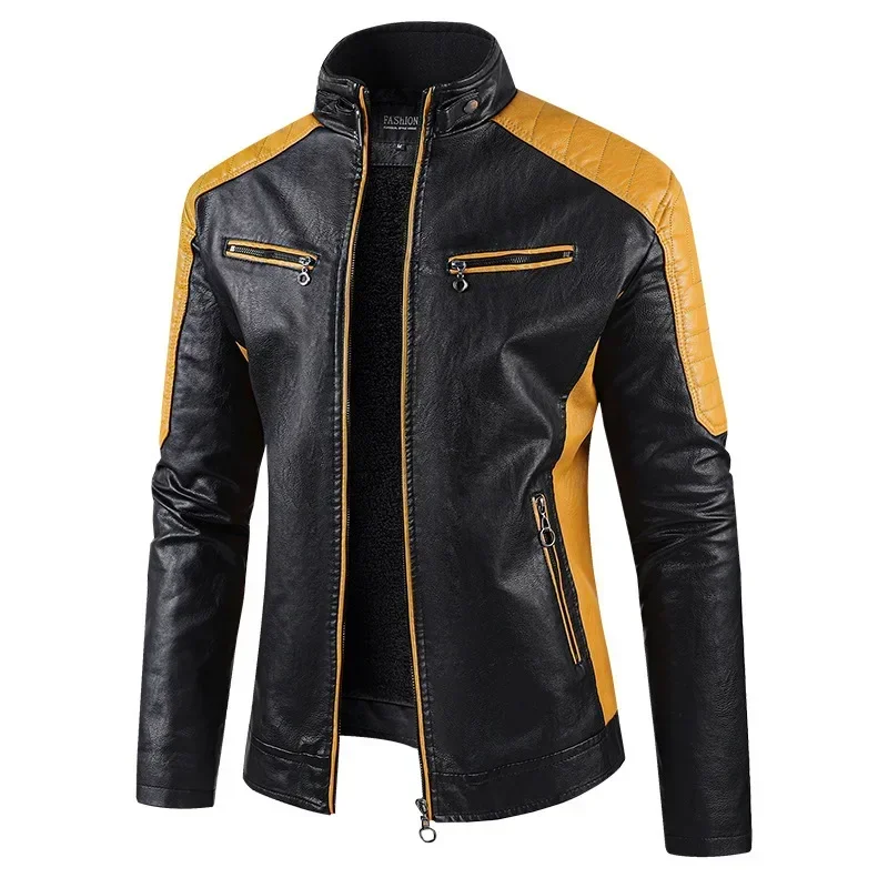 

LIBIELIY Men Stand Collar Moto Leather Jackets Fleece Winter Jackets Slim Fit PU Leather Coats High Quality Male Fashion Casual