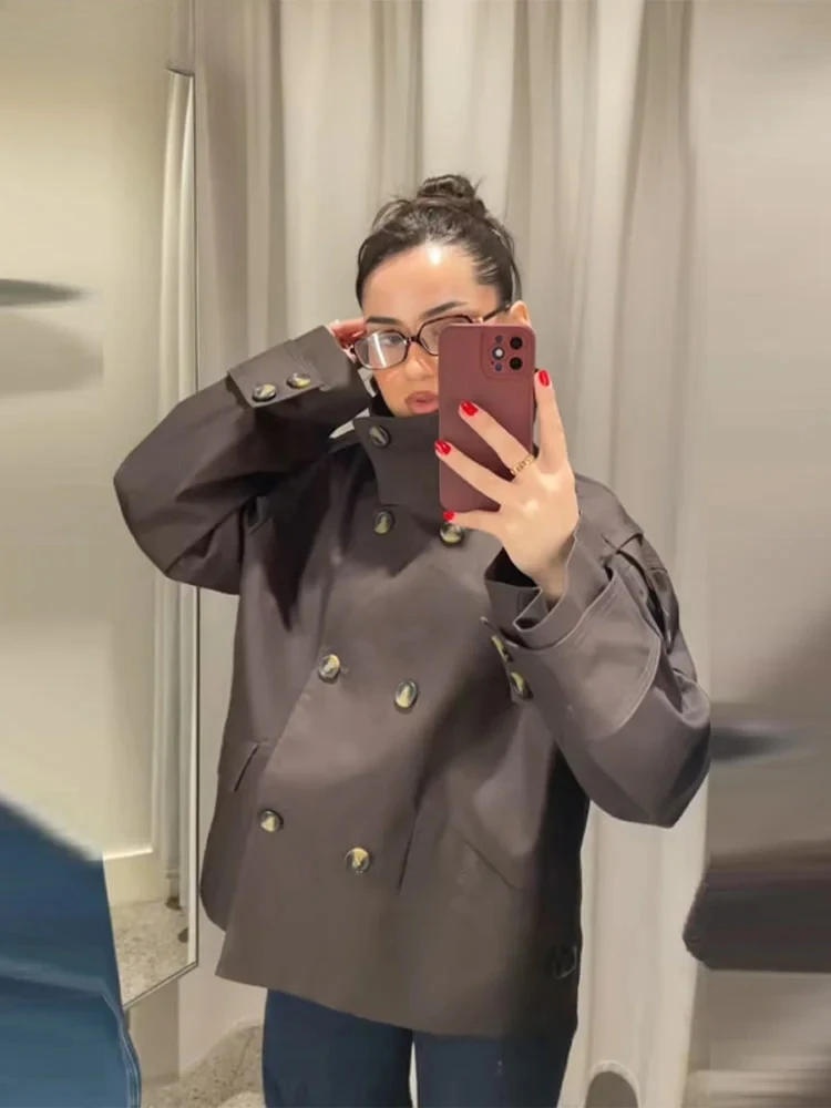 

Fashion Lapel Trench Coat Women's Solid Loose Double Breasted Full Sleeve Pocket Jacket Spring New Ladies Casual Outwear