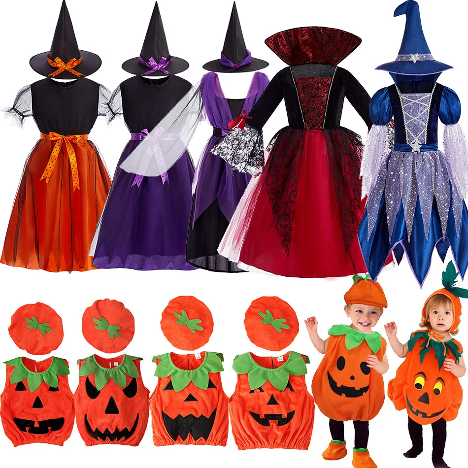 Baby Pumpkin Costume Girls Princess Pageant Dress Children Vampire Performance Elegant Clothes Witch Halloween Romper 1-12 Years