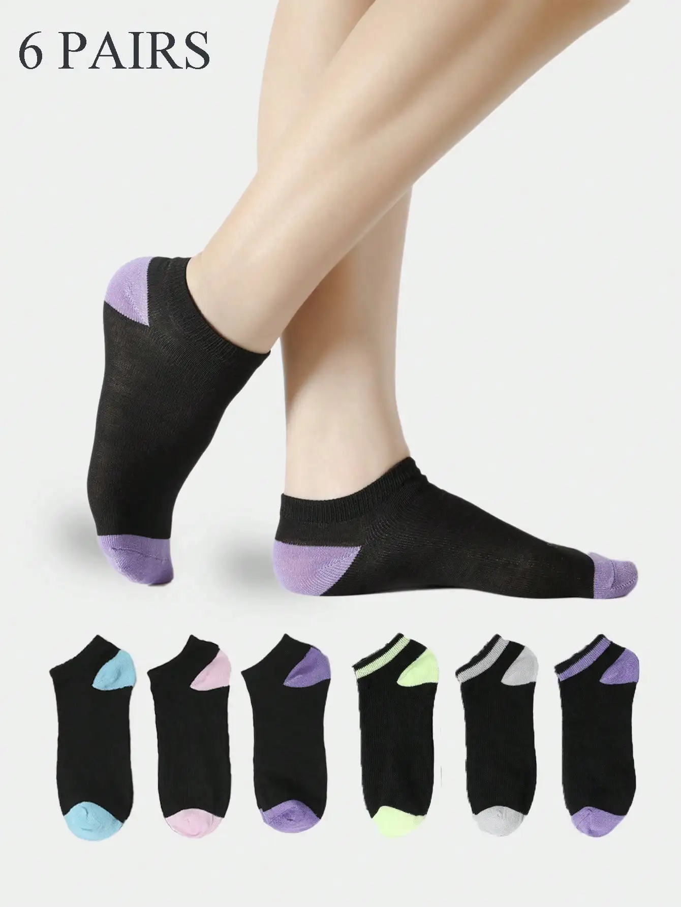 6 Pairs Color Contrast Toe Heel Ankle Socks Black Base Multi Pastel Tip Soft Breathable Low Cut Casual Socks For Women