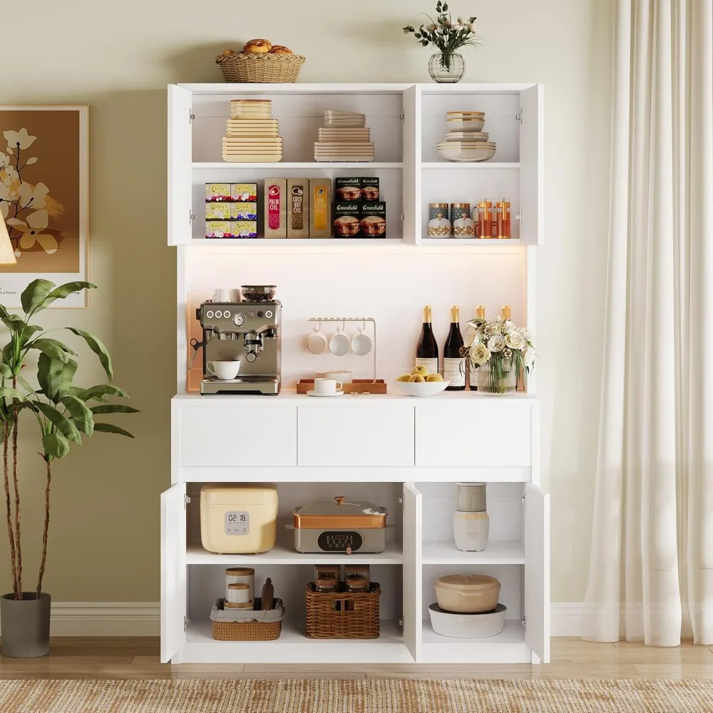 

Kitchen Pantry Storage Cabinet, Tall Storage Cabinet with Doors and Shelves, Kitchen Storage Hutch with Microwave Stand, Led Li