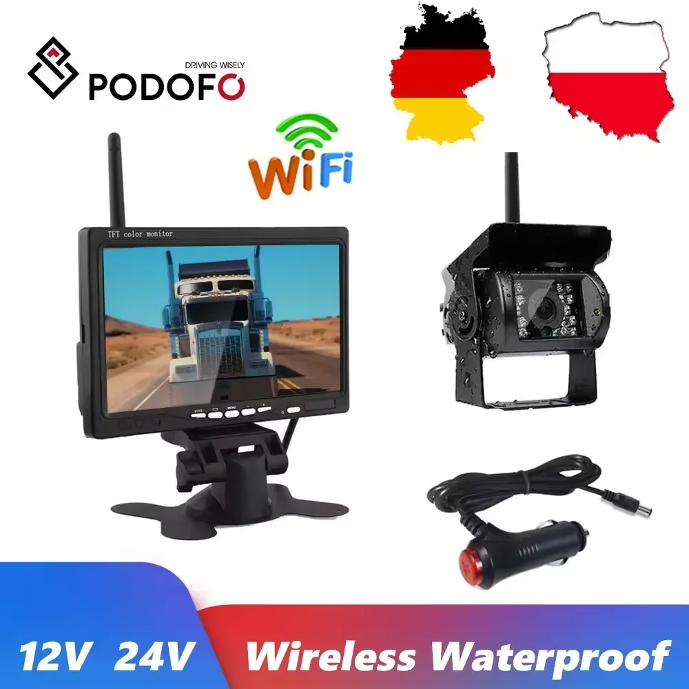 

Podofo 7" HD 12V 24V Wireless LCD Vehicle Backup Rear View Camera Monitor Car Charger For Trucks Bus RV Trailer Excavator