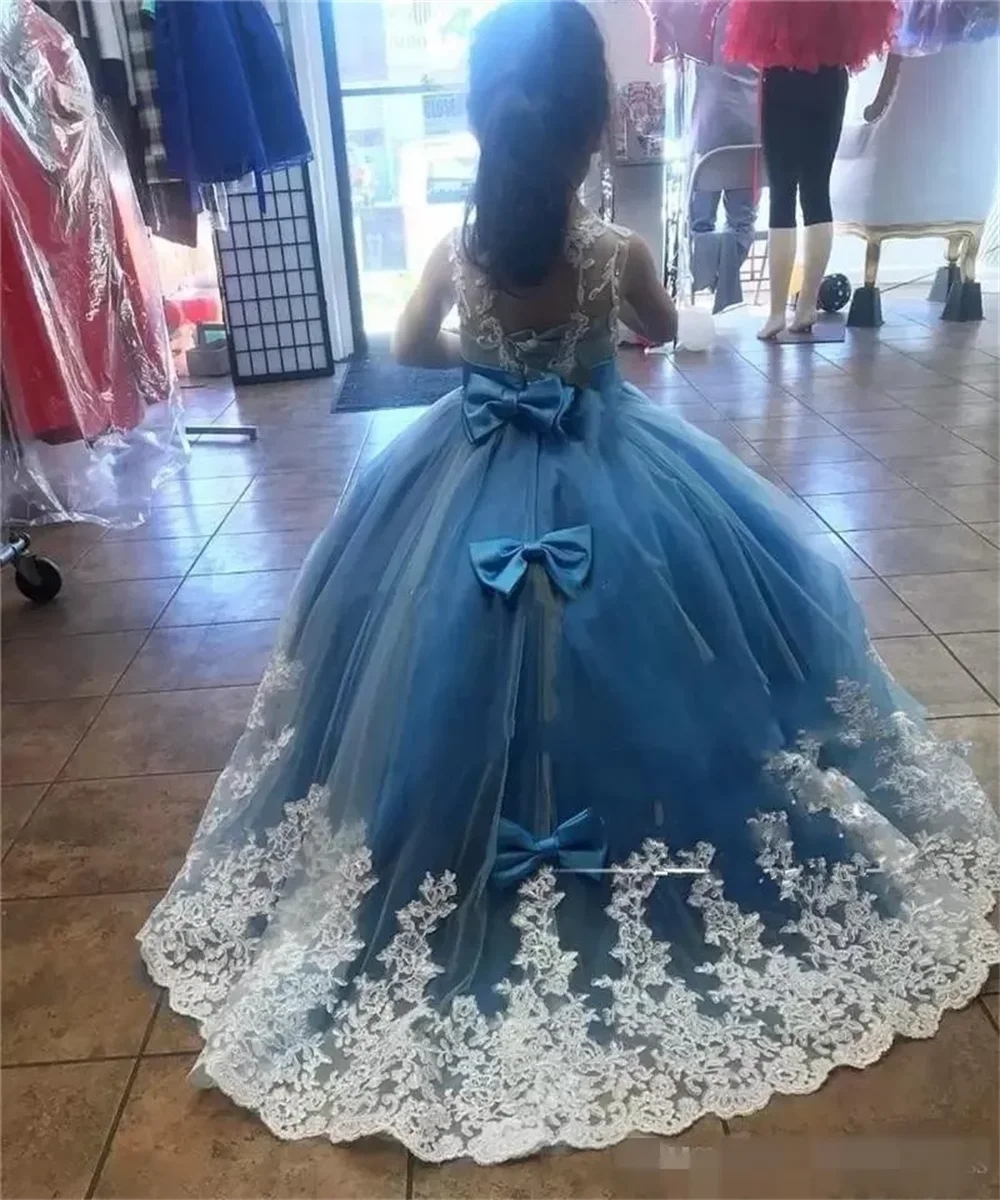 Vestidos de niña de flores para desfile, Apliques de encaje para boda, vestido de primera comunión de princesa, vestidos largos de fiesta de cumpleaños para niños pequeños