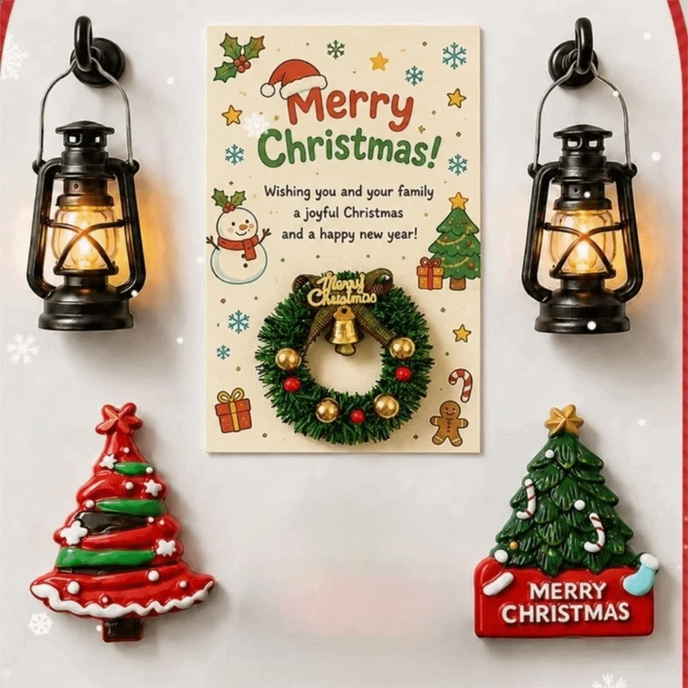 LED Night Light Christmas Wreath Fridge Magnet Magnetic Sticker Resin Christmas Tree Fridge Magnet Simulation Resin
