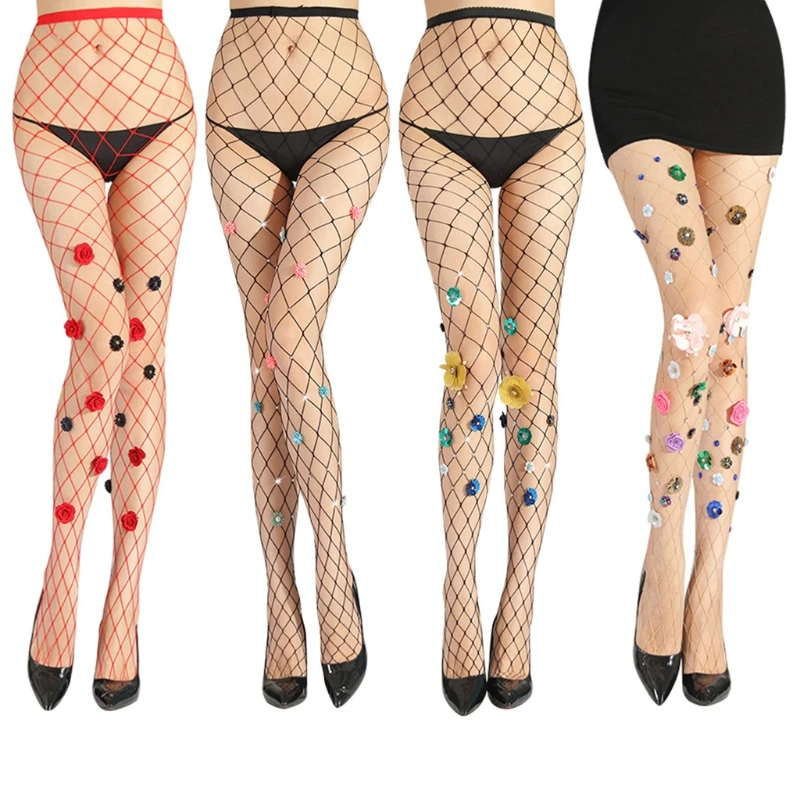 

Women Sexy Hot Drill for Rhinestone Mesh Tights Stockings Multicolor Glitter Sequins Flower Fishnet Pantyhose Clubwear