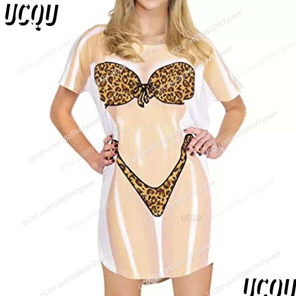 2025 Summer Women T-Shirt Dress Casual Fun 3D Bikini  Printed O-Neck Lady Short Sleeve Pullover Home Sleep Dress Women Clothing