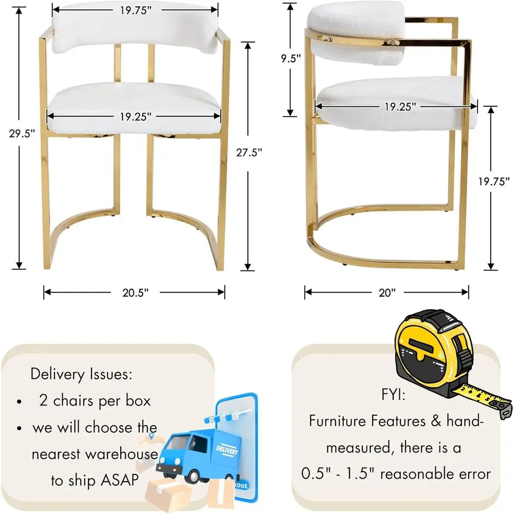 Par de cadeiras de jantar estofadas em forma de barril modernas com pernas douradas, cadeiras com detalhes brancos para cozinha e sala de estar