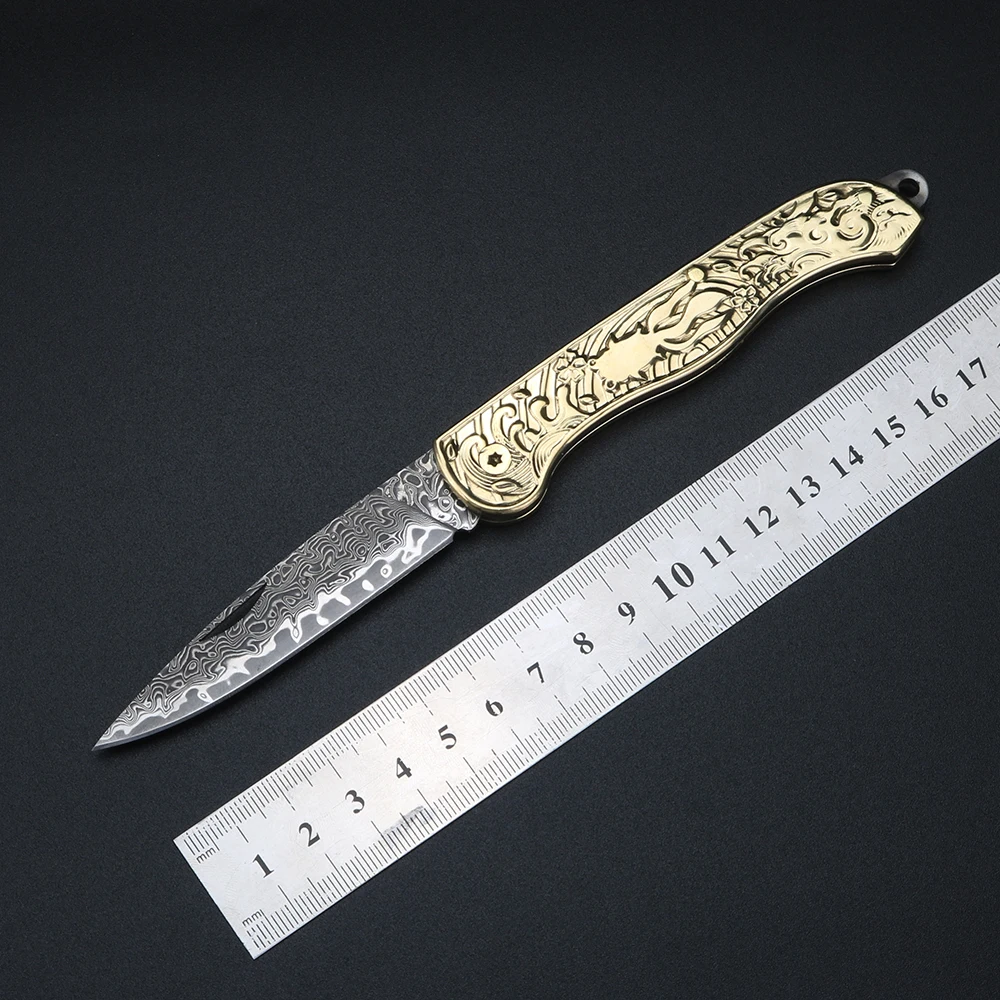 

Портативный карманный складной нож из дамасской стали с латунной ручкой для путешествий, кемпинга, резки, уличный инструмент, узор золотой рыбки, праздничный подарок