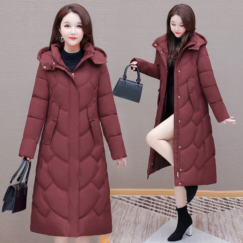 

2025 New Winter Women's Cotton Padded Clothes Long Slim Hooded Jacket Over-the-knee mom Casual Coat Thick Warm Female Parka Tide