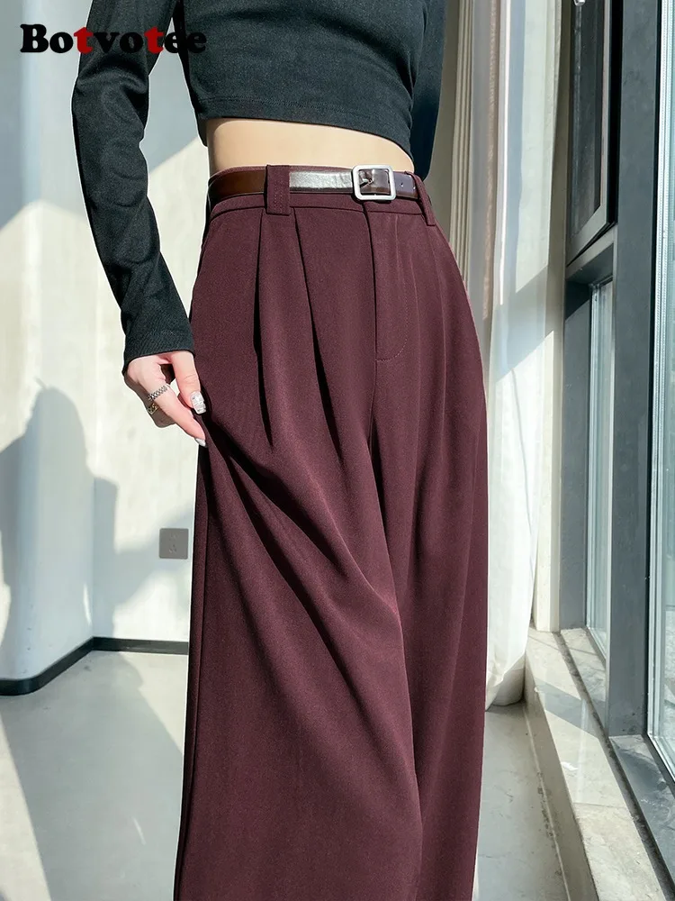 Botvotee Burgundy Suits Pants for Women Office Lady Elegant High Waist Wide Leg Fashion Trousers with Pockets Black Gray