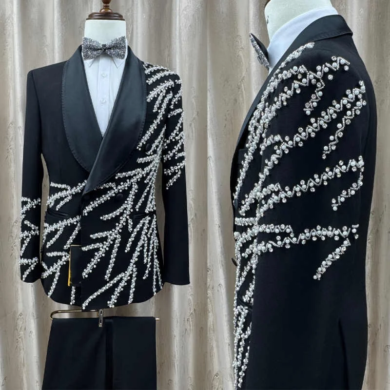 

Modern Pearls Suits For Men Double Breasted Shawl Lapel Pant Set Beading Classic Fit Prom Male Party Customized 2 Pieces