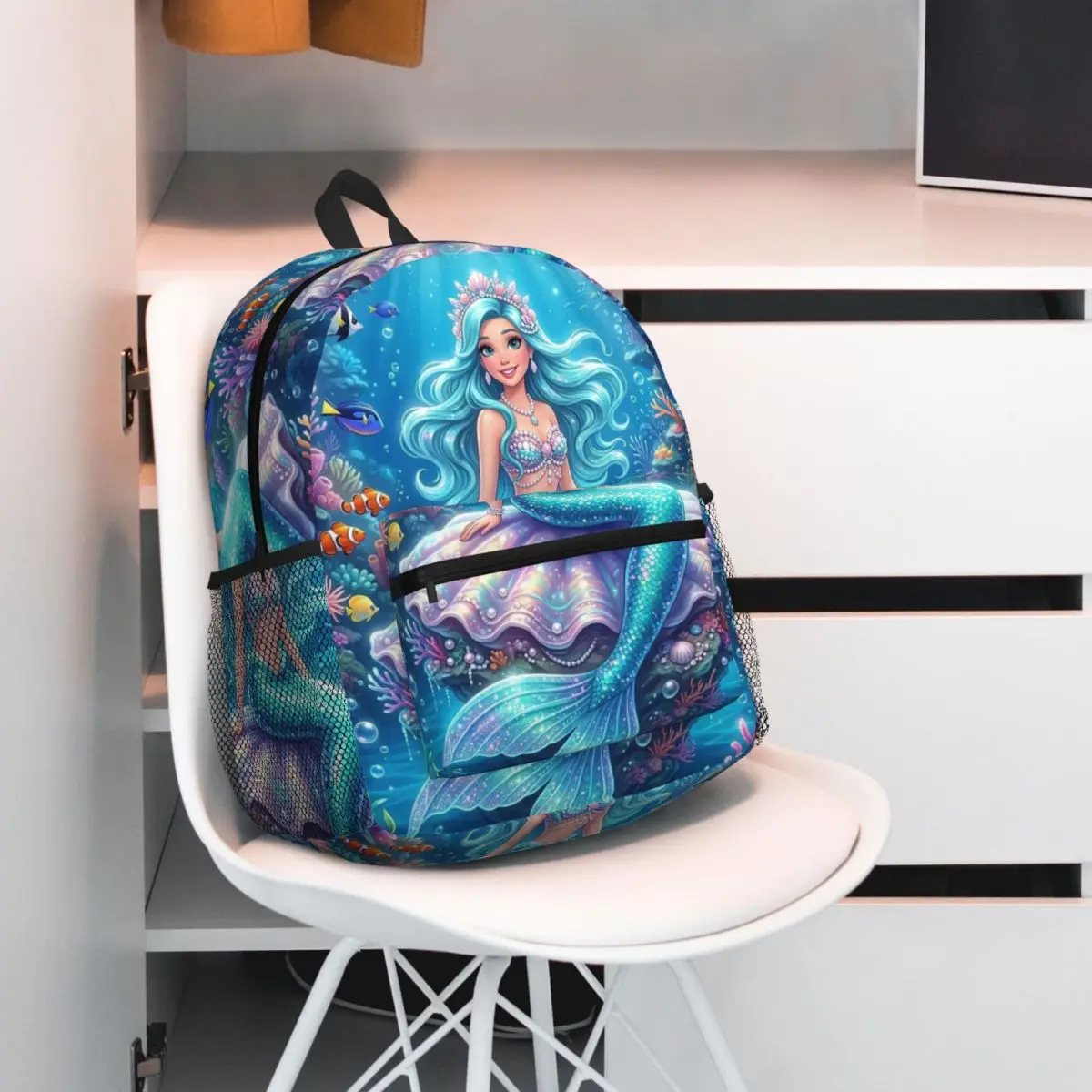 Cartoon Mermaid Dolphin Print Backpack Student BookBag Children School Bag Laptop Shoulder Bags for Men Women