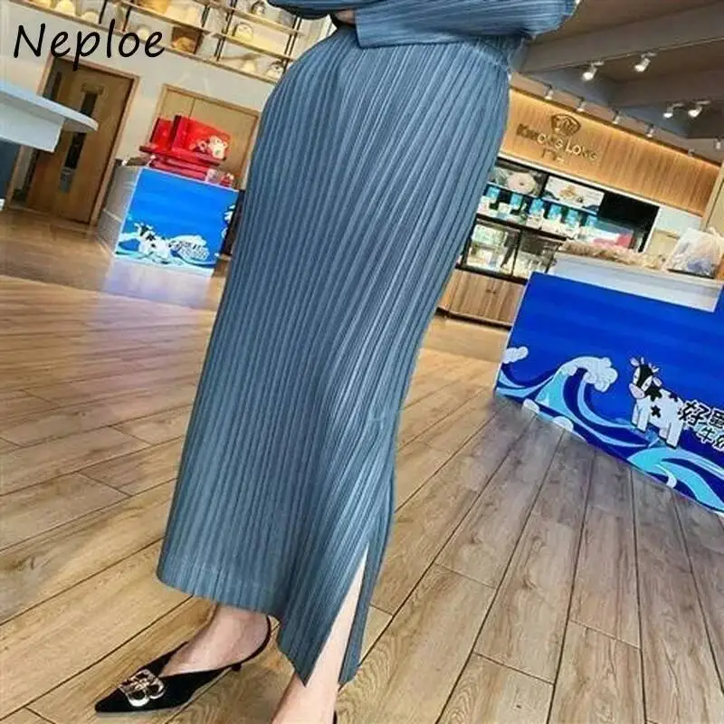 BabYoung wysokiej talii jednokolorowa wąska spódnica koreańskie lato modna prosta na wszystkie mecze Jupe rozcięcie plisowany projekt Sense Mujer Faldas