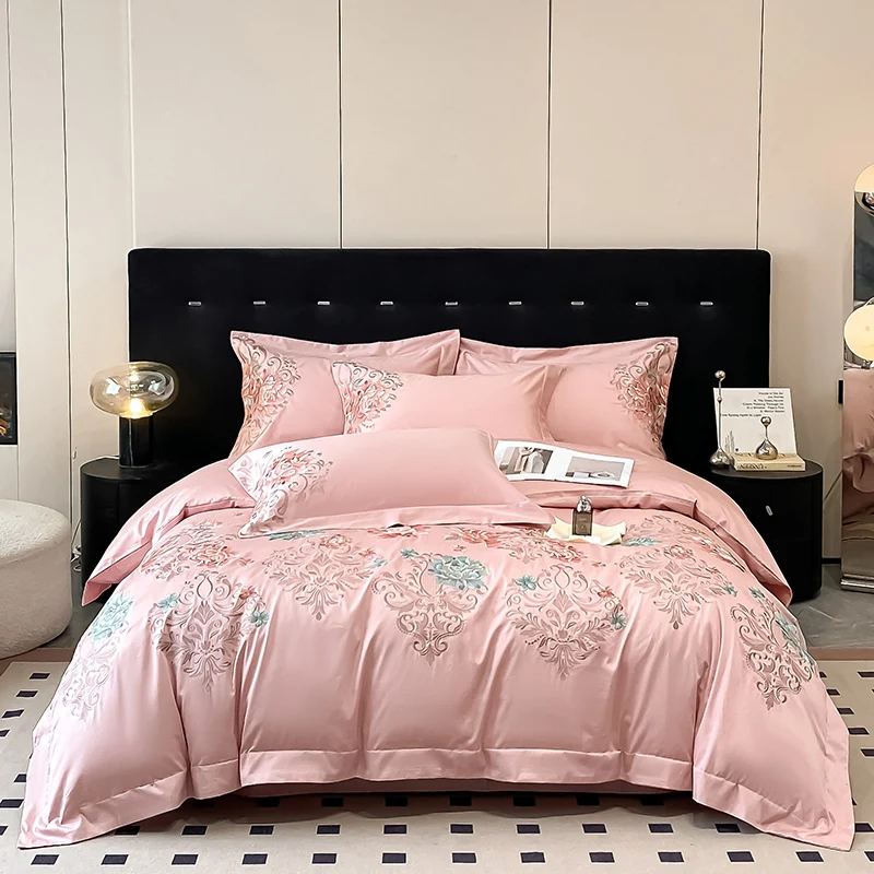 

100%Cotton Chic Embroidery Bedding Set Double Queen King 4Pcs Duvet Cover Flat/Fitted Bed Sheet Pillowcases