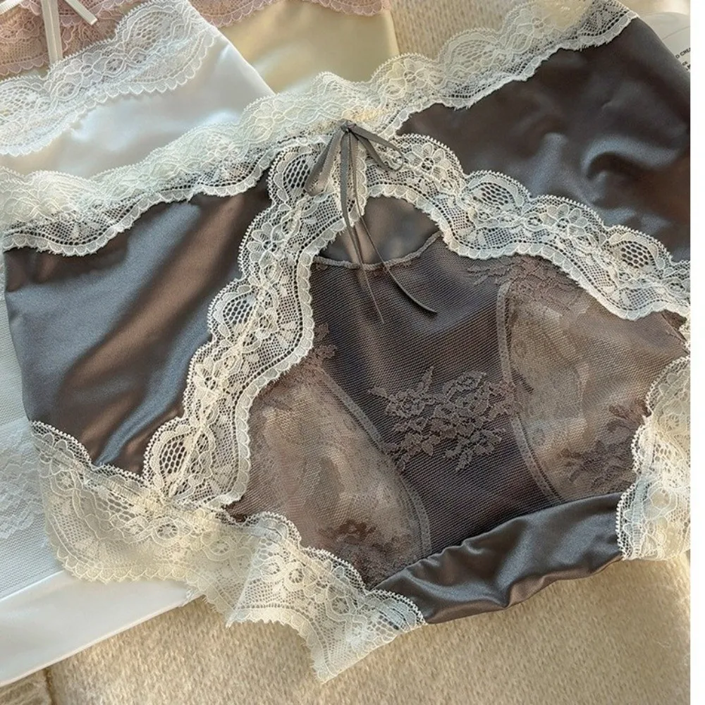 Breathable Mid Waist Lace Satin Panties Mesh Sweet Transparent Briefs Patchwork Invisible Underwear for Women Women