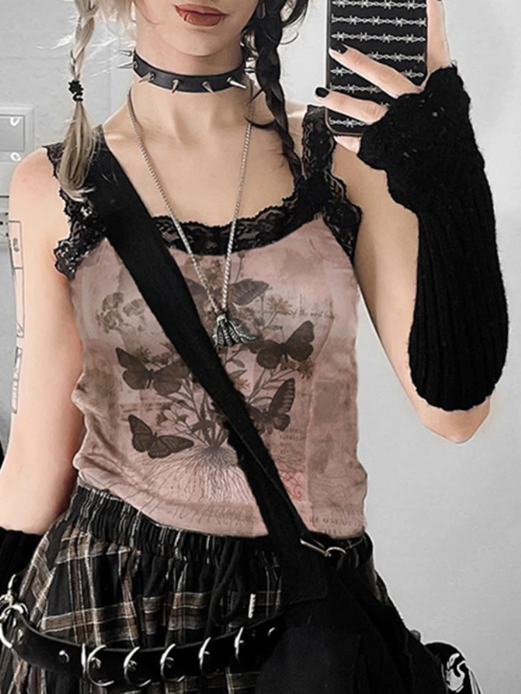 Butterfly Printed Tank Top Gothic Sleeveless Y2k Accessories Summer Fashion Women Clothing Slim Hottie Casual Halter Ropa Mujer