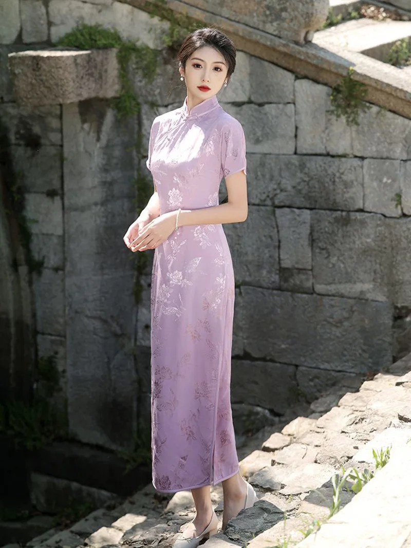 New Chinese Style Improved Purple Cheongsam Vintage Elegant Female Short Sleeve Qipao Floral Party Women Long Dress S2555