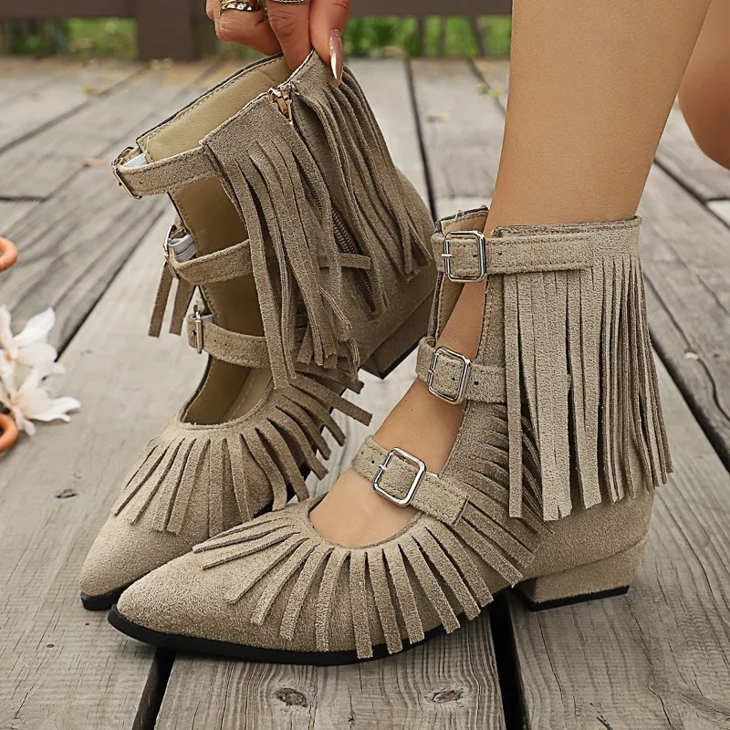 Bottines à talon compensé de 3 cm, couleur beige sable, à franges, avec bride en T, bout pointu, boucle, style western, décontractées et confortables, pour femme