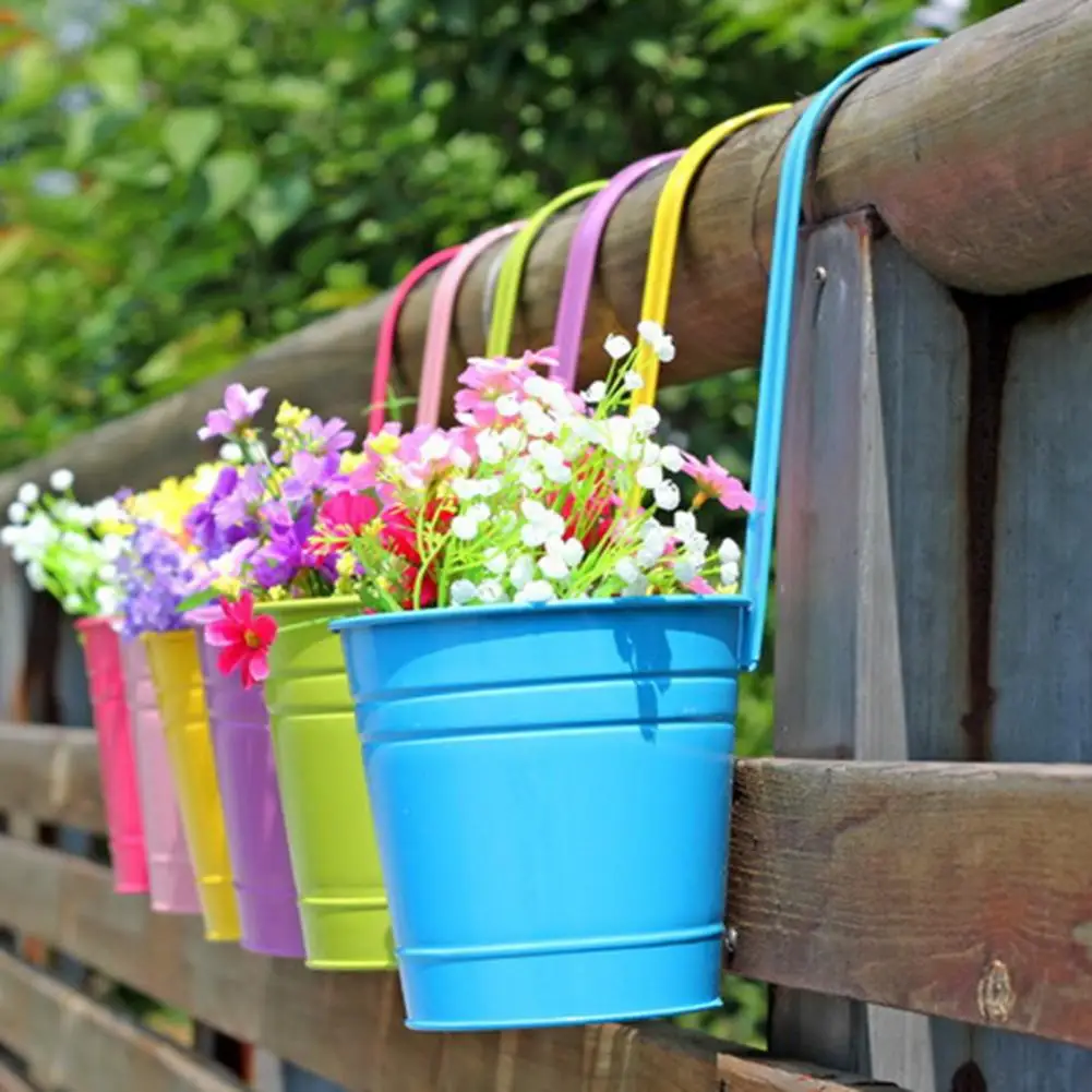 Hanging Flower Pot Iron Vase Natural Style Metal Bucket For Balcony Planter For Balcony Railing Plant Basket Fence Planter Vase