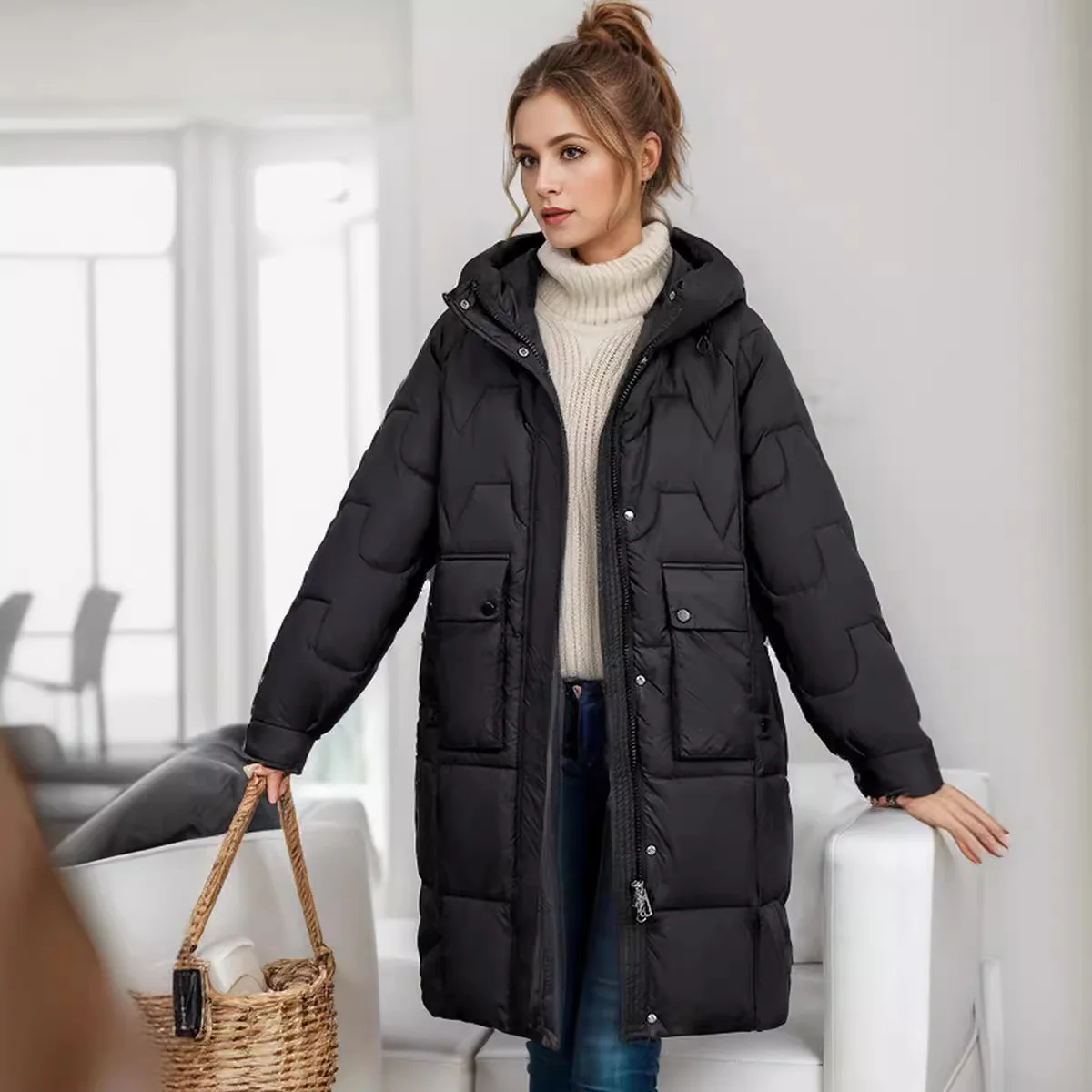 

Women's Winter Parka 2025 New Female Long Over-the-knee Female Cotton Jacket Pure Color Casual Stylish Lady Hooded Padded Coats