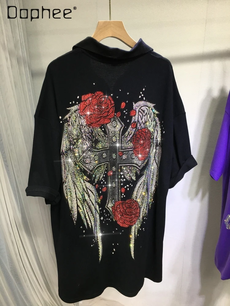 

Heavy Industry Rhinestone Hot Fixed Short Sleeve T-shirt Women Summer Light Luxury Big Wings Lapel Loose Mid-Length Black Top