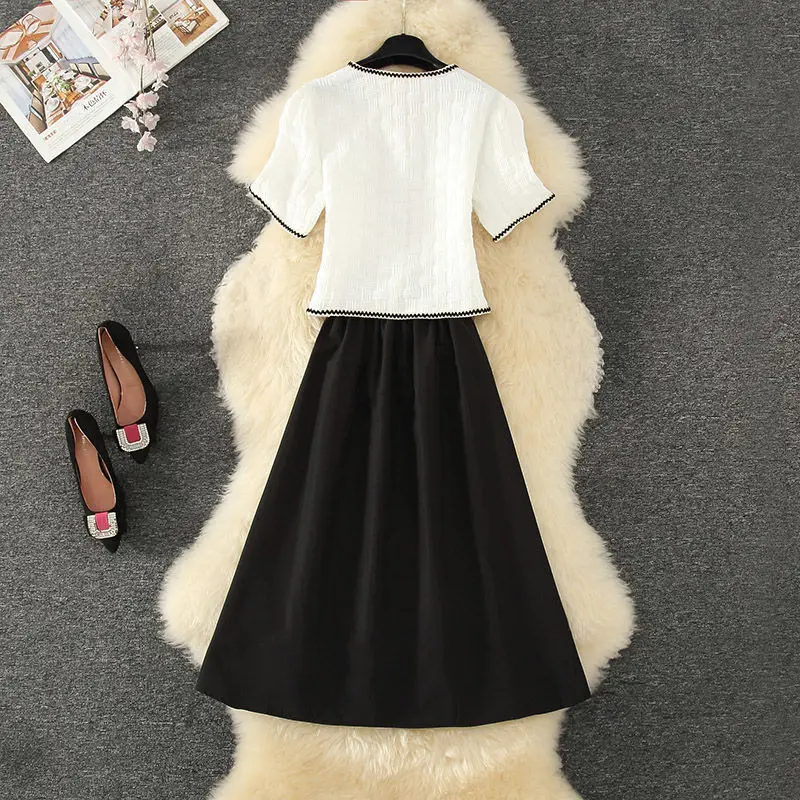 Women Summer Graceful White V-Neck Shirt A-Line Skirt Two Piece Set 2022 Ladies Elegant Outfits Fashion Joker Streetwear Female